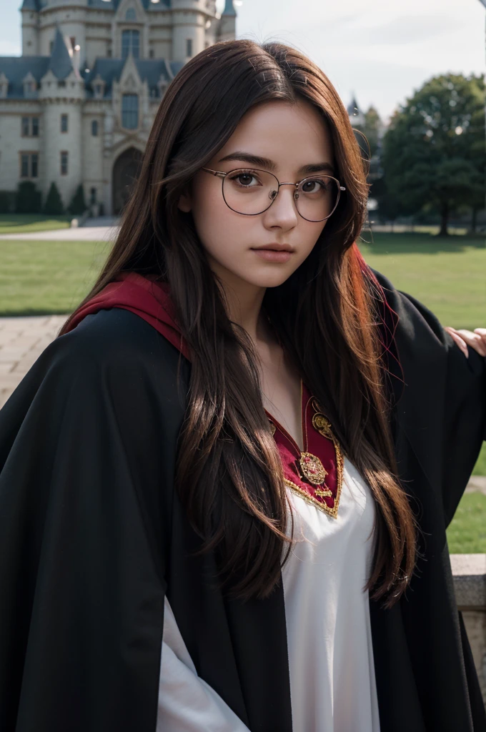 best quality, 8k, very delicate and beautiful, highly detailed face and skin texture, shiny skin, high resolution, beautiful red long hair glasses teenage girl wearing black cloak and red stripes stand in front of castle, gryffindor, sharp focus
