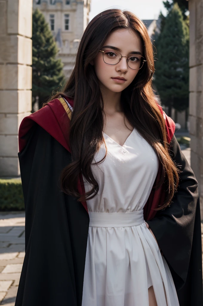 best quality, 8k, very delicate and beautiful, highly detailed face and skin texture, shiny skin, high resolution, beautiful red long hair glasses teenage girl wearing black cloak and red stripes stand in front of castle, gryffindor, sharp focus
