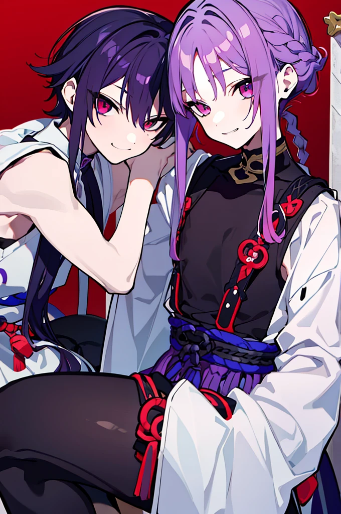 Purple Hair、Red eyes、White background、Anime characters、Knot、Braid、A man wearing black kung fu clothing、Smiling young man、Man standing facing forward、juvenile、（White background）、{{masterpiece}}, The best quality of life