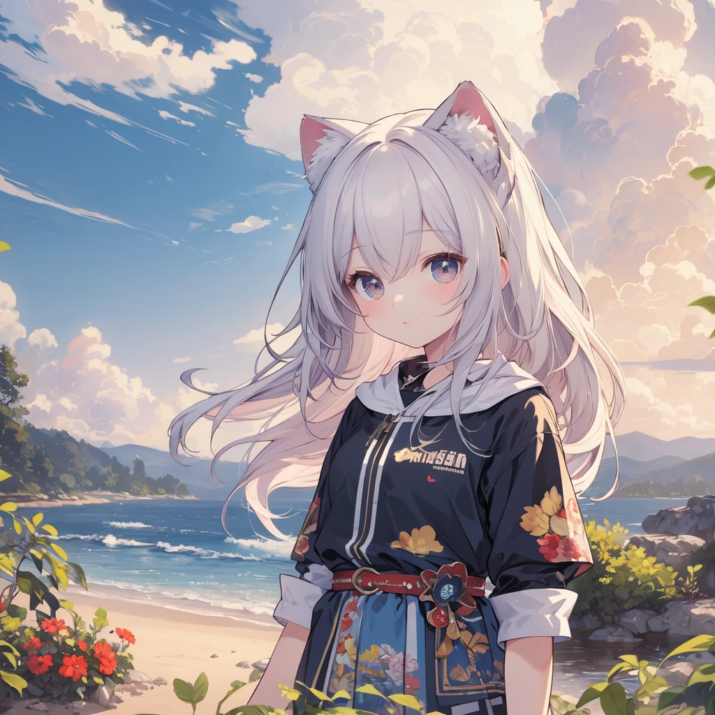 (best quality), masterpiece, Extremely detailed CG8K painting, high color, Extremely high color saturation, All colors are deepened, central composition, Extremely detailed light and shadow, The face and eyes are very detailed, medium length hair, sportswear, colorful clouds,beautiful nature,white hair,Double tail,cute,,