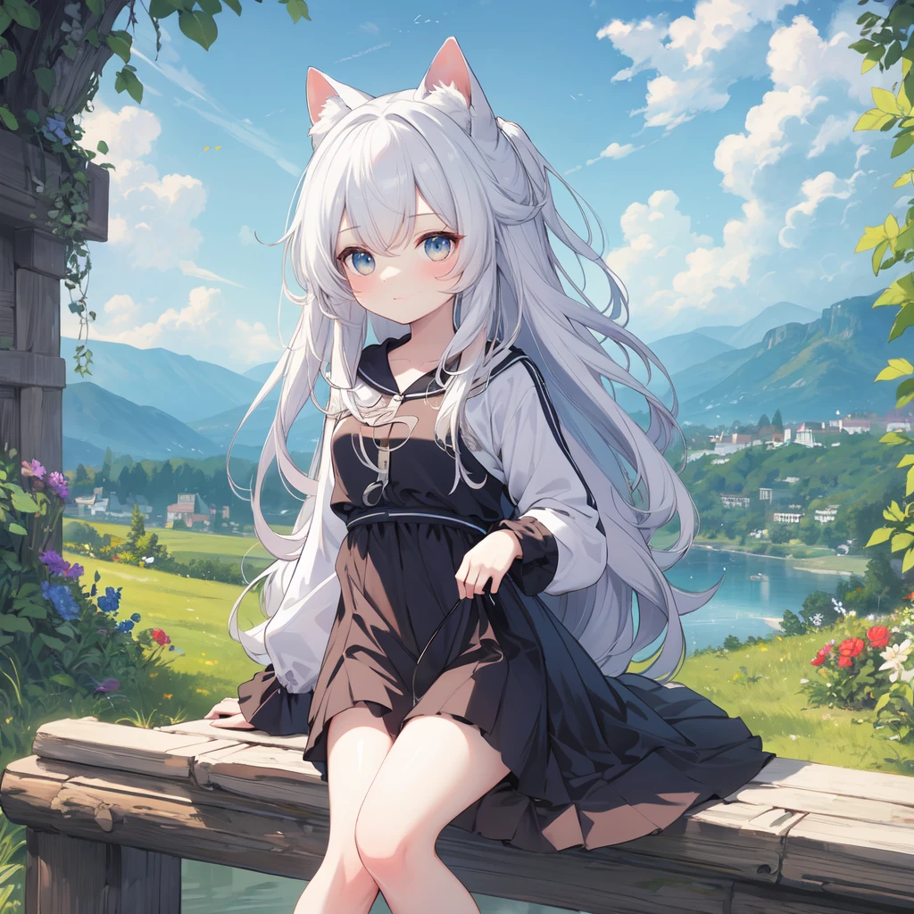 (best quality), masterpiece, Extremely detailed CG8K painting, high color, Extremely high color saturation, All colors are deepened, central composition, Extremely detailed light and shadow, The face and eyes are very detailed, medium length hair, sportswear, colorful clouds，beautiful nature，white hair，Double tail，cute，loli，