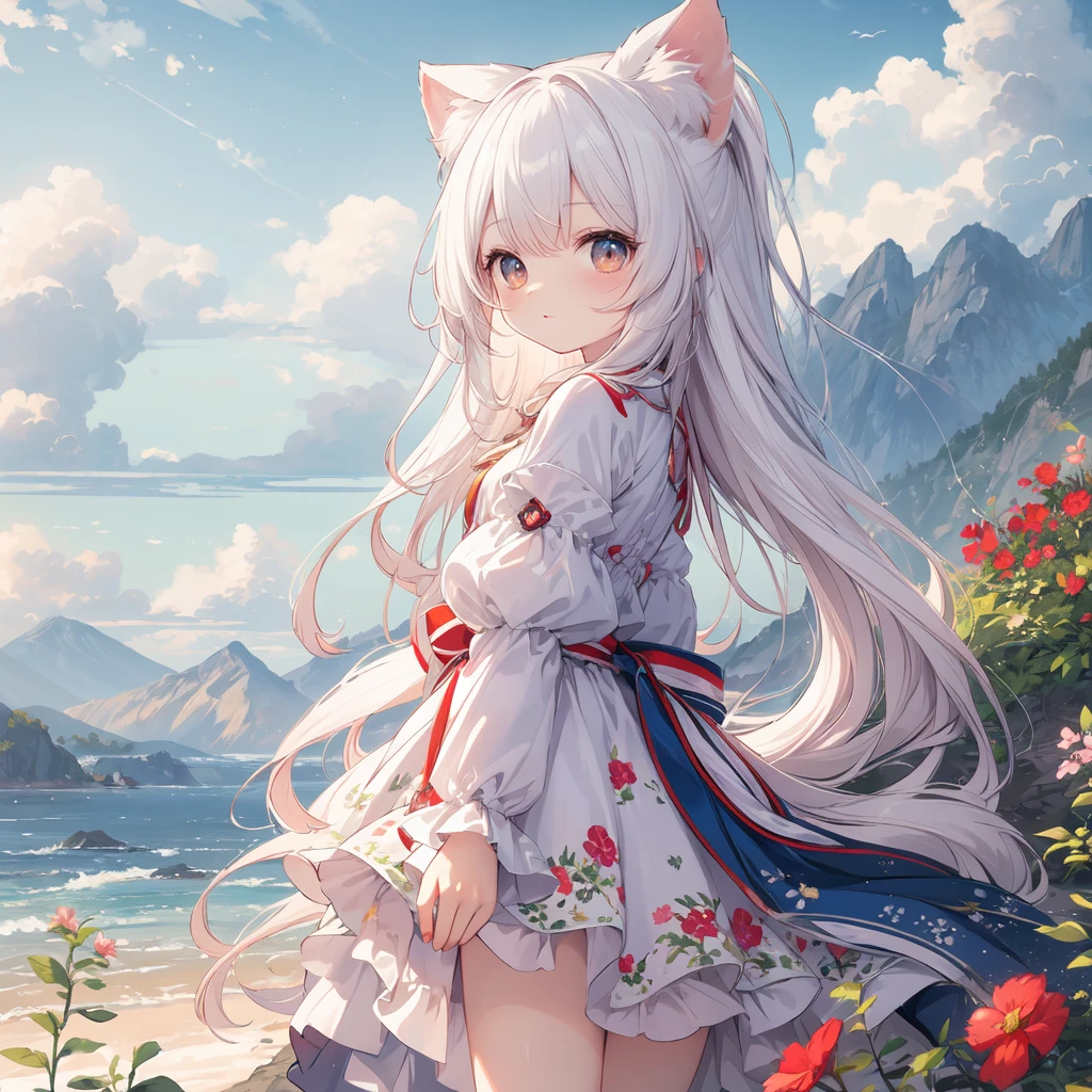 (best quality), masterpiece, Extremely detailed CG8K painting, high color, Extremely high color saturation, All colors are deepened, central composition, Extremely detailed light and shadow, The face and eyes are very detailed, medium length hair, sportswear, colorful clouds,beautiful nature,white hair,Double tail,cute,loli,