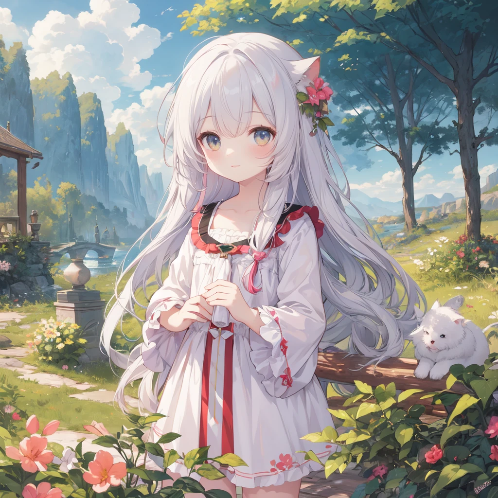 (best quality), masterpiece, Extremely detailed CG8K painting, high color, Extremely high color saturation, All colors are deepened, central composition, Extremely detailed light and shadow, The face and eyes are very detailed, medium length hair, sportswear, colorful clouds,beautiful nature,white hair,Double tail,cute,loli,
