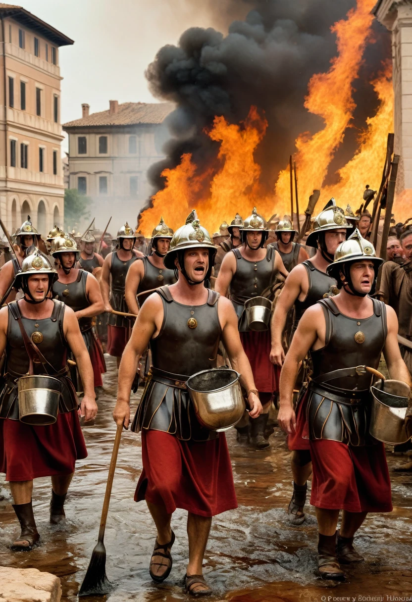 "A detailed image of Marcus Crassus's personal brigade of 500 firefighters, dressed in ancient Roman attire, using buckets of water and primitive tools to extinguish a fire in a burning building. Crassus, wearing a laurel wreath, stands in the background overseeing their efforts. The scene includes Roman-style architecture, with the firefighters forming a bucket brigade to combat the blaze."
Size: "1024x1024"