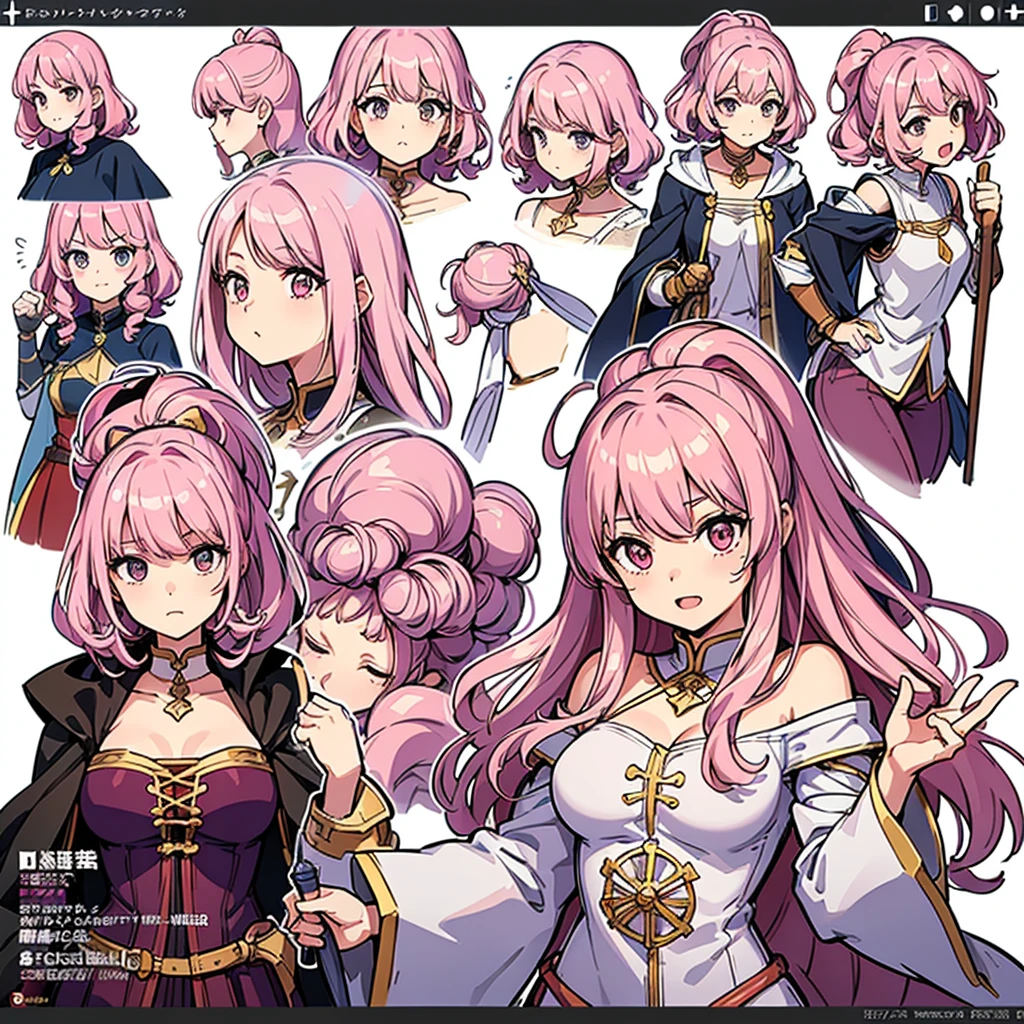 Best illustrations、Best Quality、(Character Sheet:1.3),(The same face:1.1),(One girl、23 years old),Dynamic pose,Medieval Fantasy,accessories,Magic wand,(White Background)、(Pink Hair、Shortcuts、Curly hair)、(Brown witch outfit、pants)