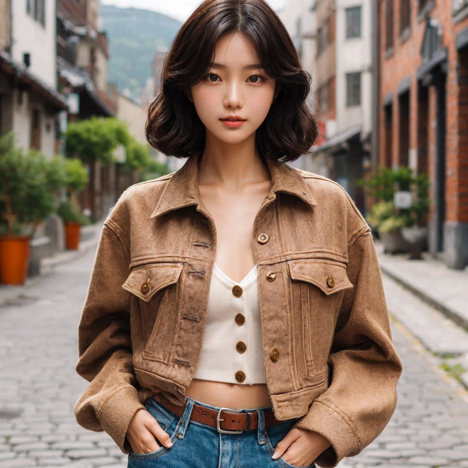 Beautiful young Korean female walking confidently down a cobblestone street in casual, stylish outfits with jackets, shirts, and jeans, medium chest. The backdrop is a vintage urban setting with buildings and greenery, blending modern style with a cool urban vibe.