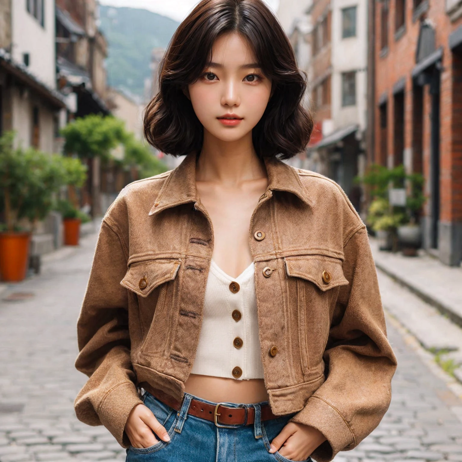Beautiful young Korean female walking confidently down a cobblestone street in casual, stylish outfits with jackets, shirts, and jeans, medium chest. The backdrop is a vintage urban setting with buildings and greenery, blending modern style with a cool urban vibe.