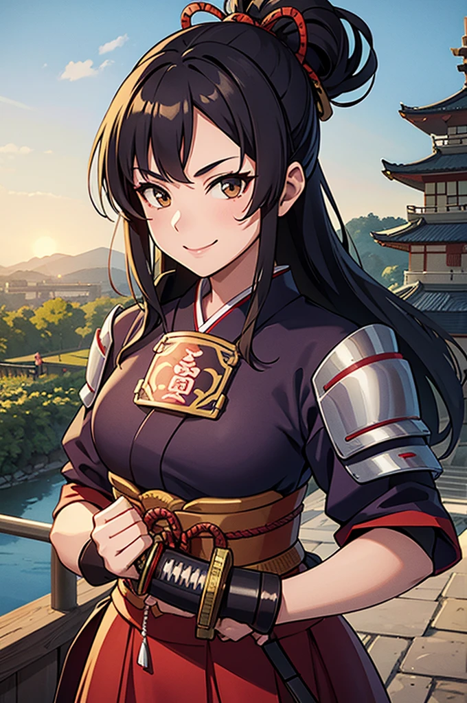 Female, solo, samurai armour, pov, proudly smile, holding katana, sengoku jidai, Japanese castle background