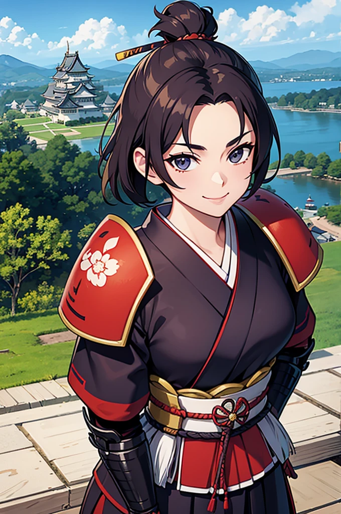 Female, solo, samurai armour, pov, proudly smile, holding katana, sengoku jidai, Japanese castle background