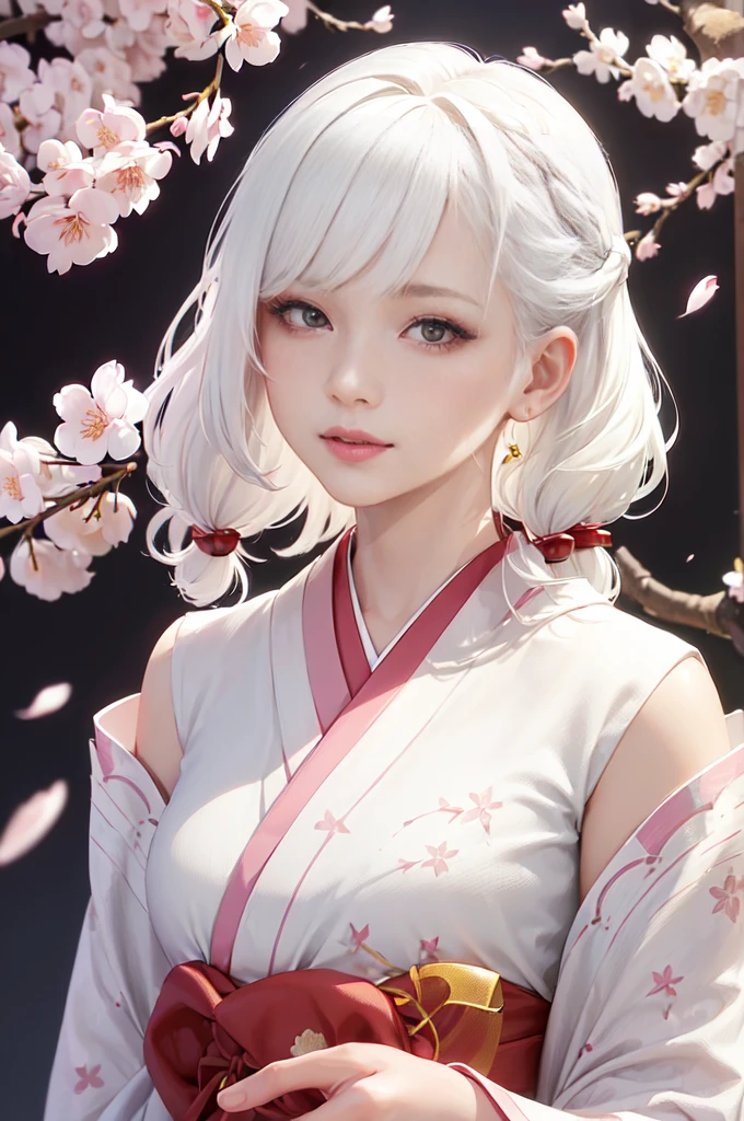 ((Hairstyled white hair:1.5))(Japan kimono with cherry blossom pattern:1.3), Symmetric, (highest quality, Photorealistic:1.4, Raw photo:1.2, Cinematic light, Highly detailed illustration), (1woman:1.3, alone), (Asian Girl, Very delicate face, Super beautiful face, Very delicate eyes, Ultra detailed nose, Very sophisticated mouth, Highly detailed facial features), woman, (Medium Bust:1.3), skin, Lip gloss, Laughter, Full Body View, High resolution, High resolution, 8k, Masterpiece 2:1, Skin Radiance, Glowing Skin, Young girl,( Kyoto、Falling cherry blossoms)、off shoulder, shoulder blades、kimono