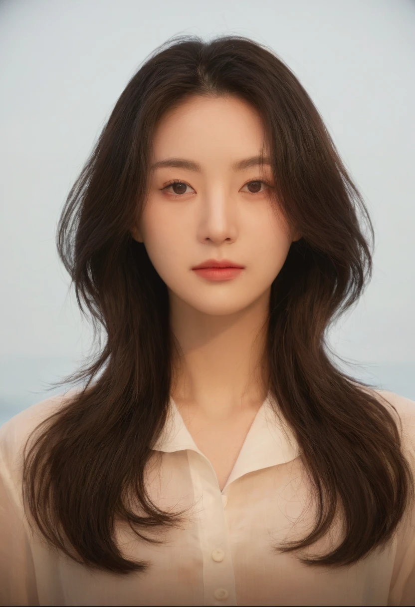 Best Quality, 8k, Masterpiece, (Portrait: 1.3), (photo realistic:1.4), (hyper realistic:1.4), Sharp Focus, looking at viewer, (smoother lighting:1.1), (increase cinematic lighting quality:0.9), realistic lighting, backlighting, light on face, ray trace, (brightening light:1.2), (Increase quality:1.4), sharp detail, (best quality real texture skin:1.4), finely detailed eyes, black_eyes, finely detailed face, 25 year old Korean woman, (white formal_shirt:1.4), (Create an image maintaining the original base model hairstyle:1.5)