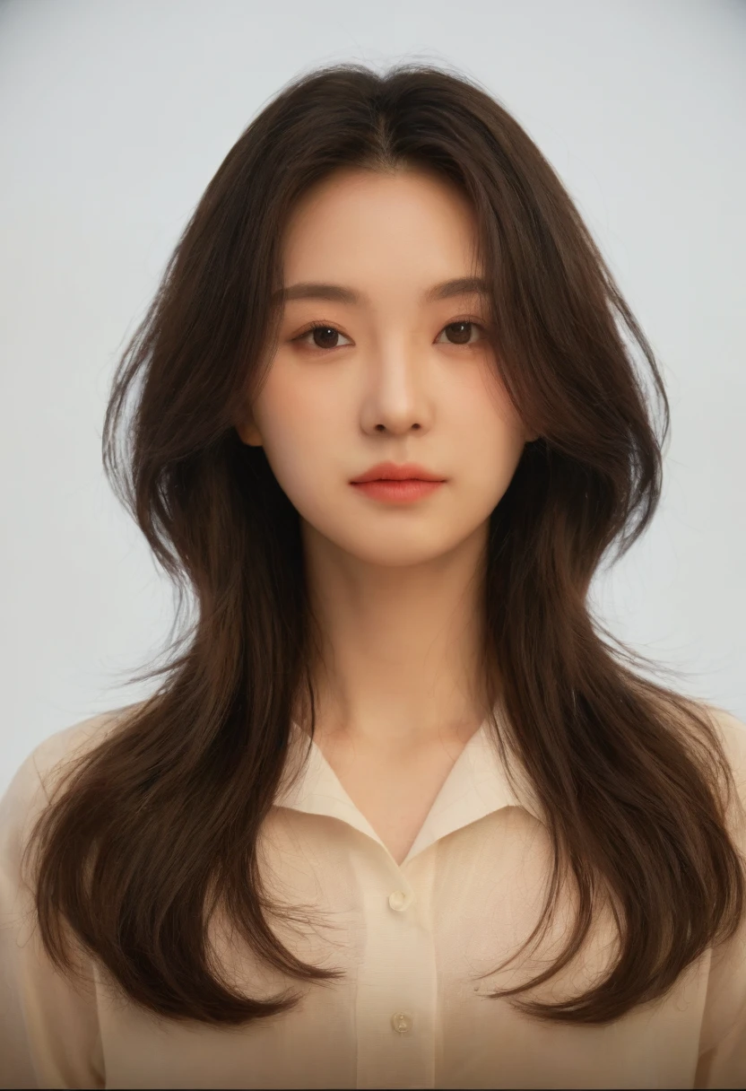 Best Quality, 8k, Masterpiece, (Portrait: 1.3), (photo realistic:1.4), (hyper realistic:1.4), Sharp Focus, looking at viewer, (smoother lighting:1.1), (increase cinematic lighting quality:0.9), realistic lighting, backlighting, light on face, ray trace, (brightening light:1.2), (Increase quality:1.4), sharp detail, (best quality real texture skin:1.4), finely detailed eyes, black_eyes, finely detailed face, 25 year old Korean woman, (white formal_shirt:1.4), (Create an image maintaining the original base model hairstyle:1.5)