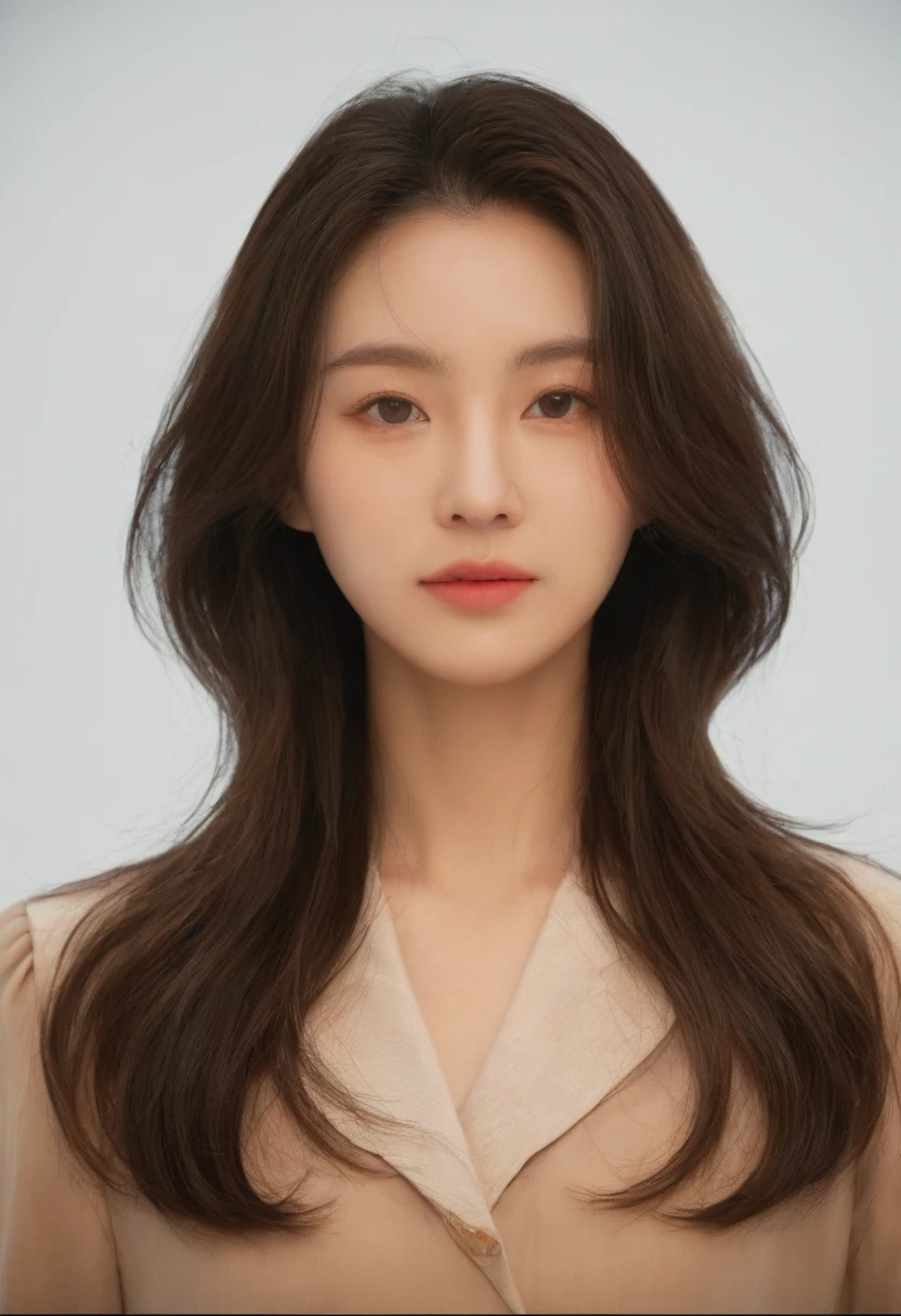 Best Quality, 8k, Masterpiece, (Portrait: 1.3), (photo realistic:1.4), (hyper realistic:1.4), Sharp Focus, looking at viewer, (smoother lighting:1.1), (increase cinematic lighting quality:0.9), realistic lighting, backlighting, light on face, ray trace, (brightening light:1.2), (Increase quality:1.4), sharp detail, (best quality real texture skin:1.4), finely detailed eyes, black_eyes, finely detailed face, 25 year old Korean woman, (white formal_shirt:1.4), (Create an image maintaining the original base model hairstyle:1.5)