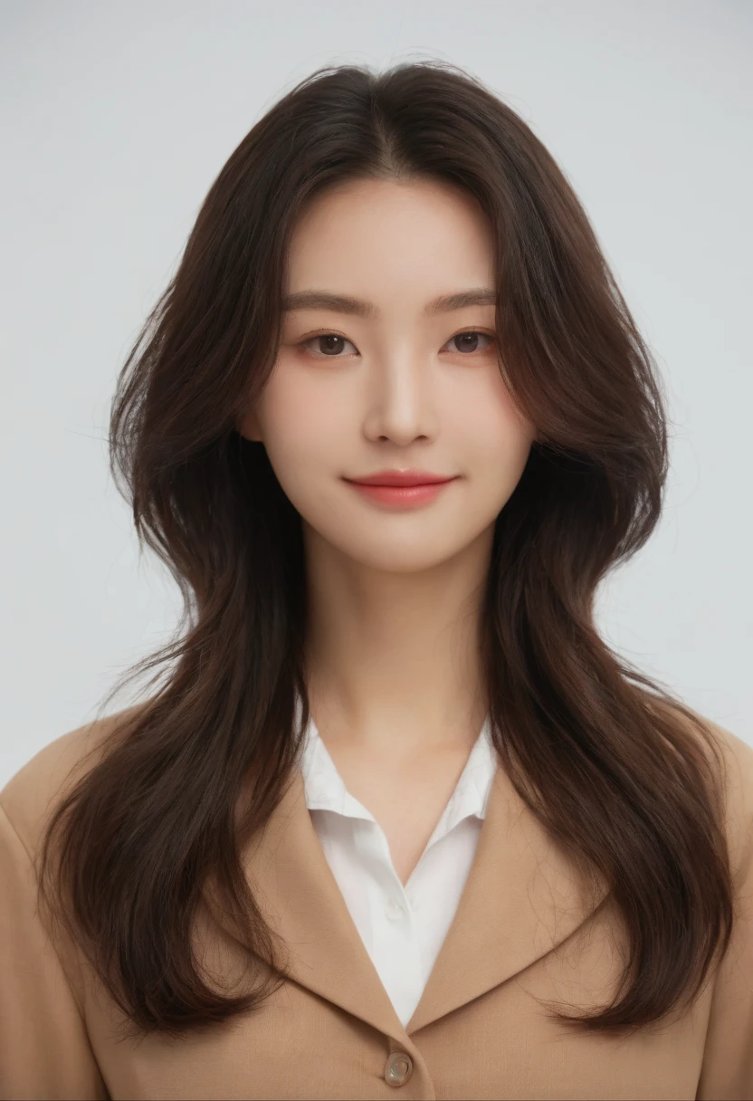 Best Quality, 8k, Masterpiece, (Portrait: 1.3), (photo realistic:1.4), (hyper realistic:1.4), Sharp Focus, looking at viewer, (smoother lighting:1.1), (increase cinematic lighting quality:0.9), realistic lighting, backlighting, light on face, ray trace, (brightening light:1.2), (Increase quality:1.4), sharp detail, (best quality real texture skin:1.4), finely detailed eyes, black_eyes, finely detailed face, 25 year old Korean woman, (white formal_shirt:1.4), (Create an image maintaining the original base model hairstyle:1.5)