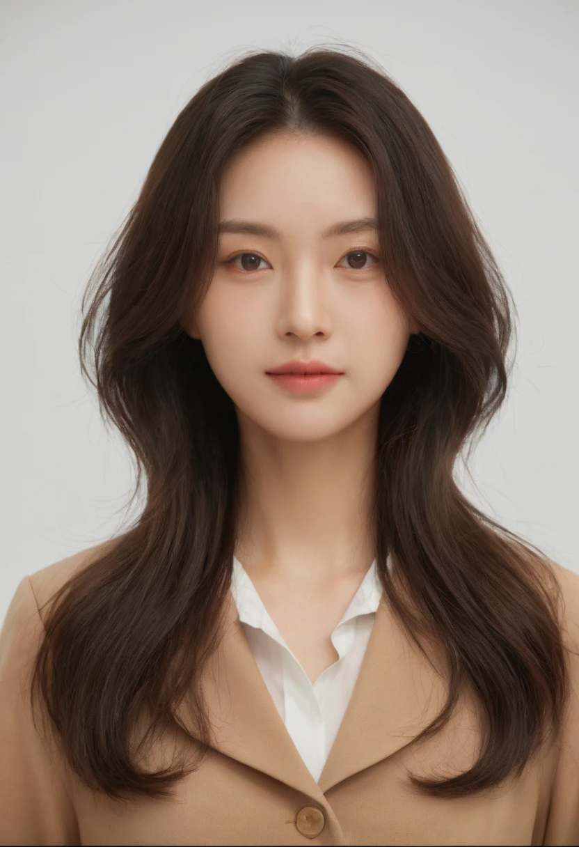 Best Quality, 8k, Masterpiece, (Portrait: 1.3), (photo realistic:1.4), (hyper realistic:1.4), Sharp Focus, looking at viewer, (smoother lighting:1.1), (increase cinematic lighting quality:0.9), realistic lighting, backlighting, light on face, ray trace, (brightening light:1.2), (Increase quality:1.4), sharp detail, (best quality real texture skin:1.4), finely detailed eyes, black_eyes, finely detailed face, 25 year old Korean woman, (white formal_shirt:1.4), (Create an image maintaining the original base model hairstyle:1.5)