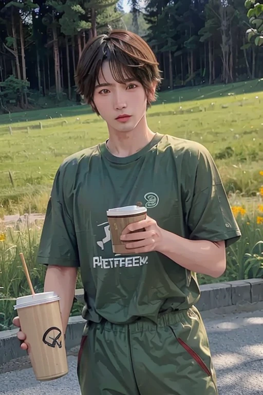 35-year-old asian male with short brown hair and stubble, wearing a light green t-shirt holding coffe cup and , standing on field and mountain view, ultra HD