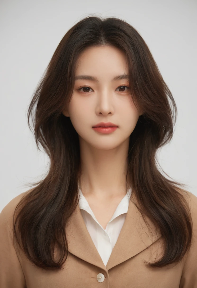 Best Quality, 8k, Masterpiece, (Portrait: 1.3), (photo realistic:1.4), (hyper realistic:1.4), Sharp Focus, looking at viewer, (smoother lighting:1.1), (increase cinematic lighting quality:0.9), realistic lighting, backlighting, light on face, ray trace, (brightening light:1.2), (Increase quality:1.4), sharp detail, (best quality real texture skin:1.4), finely detailed eyes, black_eyes, finely detailed face, 25 year old Korean woman, (white formal_shirt:1.4), (Create an image maintaining the original base model hairstyle:1.5)