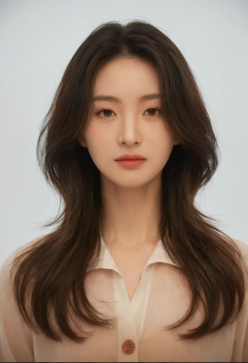 Best Quality, 8k, Masterpiece, (Portrait: 1.3), (photo realistic:1.4), (hyper realistic:1.4), Sharp Focus, looking at viewer, (smoother lighting:1.1), (increase cinematic lighting quality:0.9), realistic lighting, backlighting, light on face, ray trace, (brightening light:1.2), (Increase quality:1.4), sharp detail, (best quality real texture skin:1.4), finely detailed eyes, black_eyes, finely detailed face, 25 year old Korean woman, (white formal_shirt:1.4), (Create an image maintaining the original base model hairstyle:1.5)