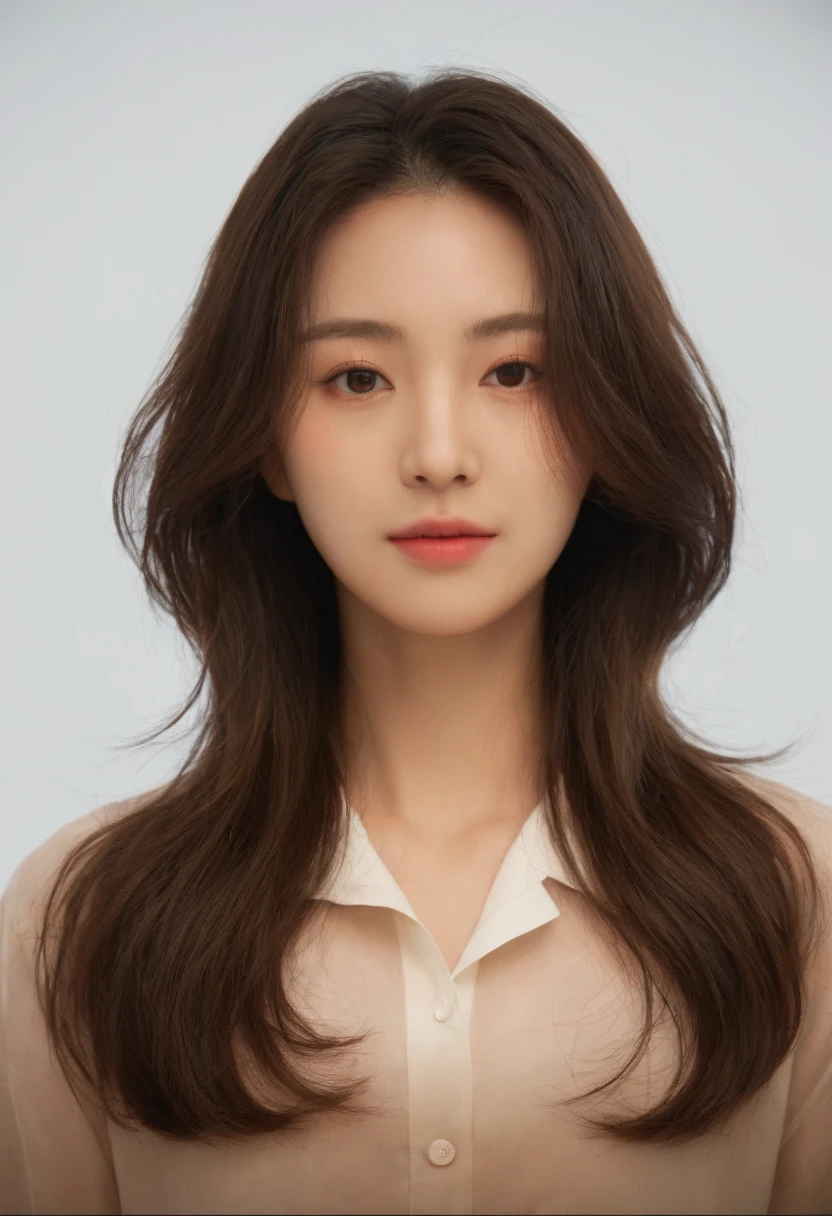 Best Quality, 8k, Masterpiece, (Portrait: 1.3), (photo realistic:1.4), (hyper realistic:1.4), Sharp Focus, looking at viewer, (smoother lighting:1.1), (increase cinematic lighting quality:0.9), realistic lighting, backlighting, light on face, ray trace, (brightening light:1.2), (Increase quality:1.4), sharp detail, (best quality real texture skin:1.4), finely detailed eyes, black_eyes, finely detailed face, 25 year old Korean woman, (white formal_shirt:1.4), (Create an image maintaining the original base model hairstyle:1.5)