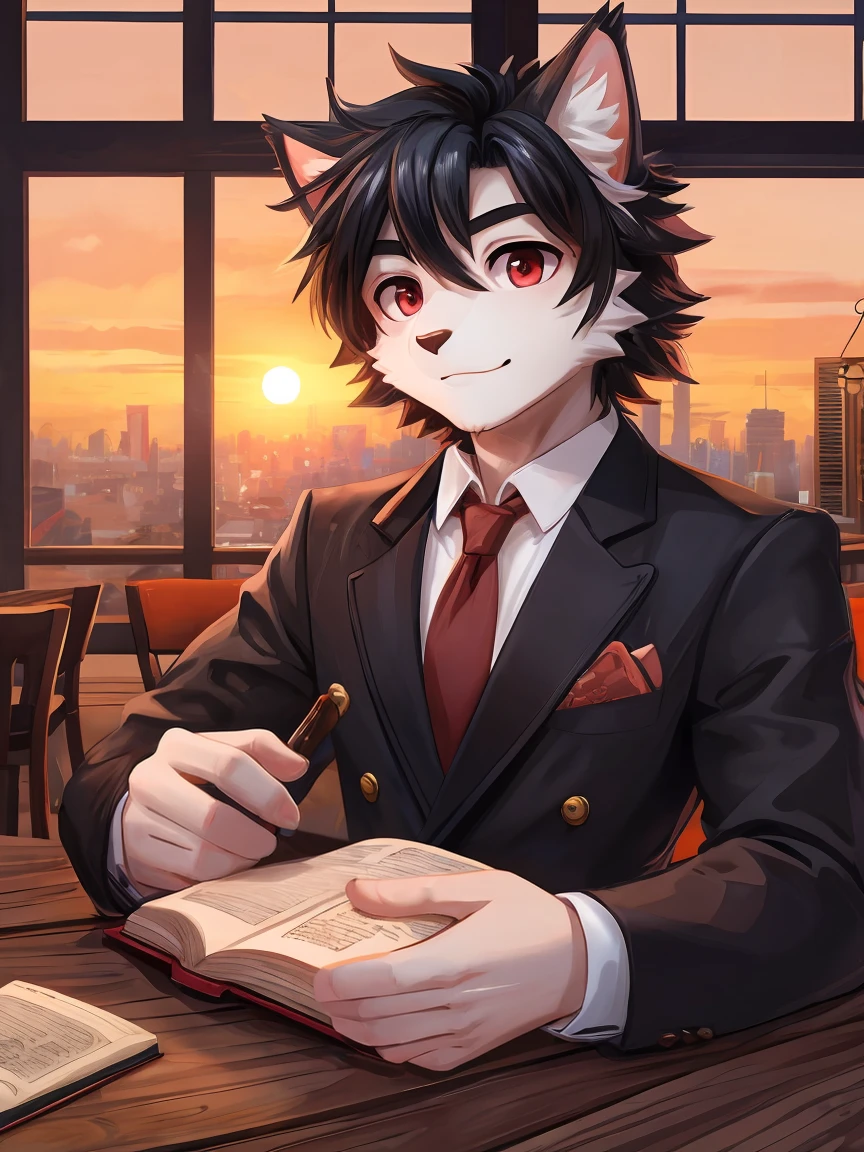 White cat youth，Black hair，Red eyes，White hairy hands，Black suit，Dark and thick eyebrows，Red tie，Cafe，City sunset，Holding a magic book in hand
