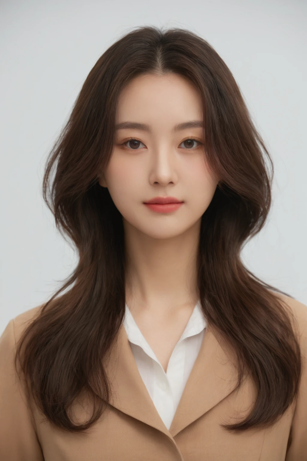 Best Quality, 8k, Masterpiece, (Portrait: 1.3), (photo realistic:1.4), (hyper realistic:1.4), Sharp Focus, looking at viewer, (smoother lighting:1.1), (increase cinematic lighting quality:0.9), realistic lighting, backlighting, light on face, ray trace, (brightening light:1.2), (Increase quality:1.4), sharp detail, (best quality real texture skin:1.4), finely detailed eyes, black_eyes, finely detailed face, 25 year old Korean woman, (white formal_shirt:1.4), (Create an image maintaining the original base model hairstyle:1.5)