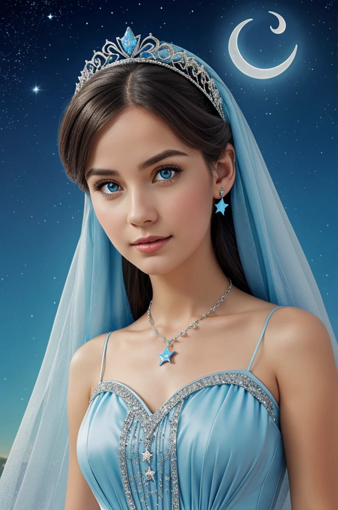 A young woman wearing a light blue dress with details of shiny silver stars, a crescent moon tiara and a necklace with a moon pendant. With Disney fairy style