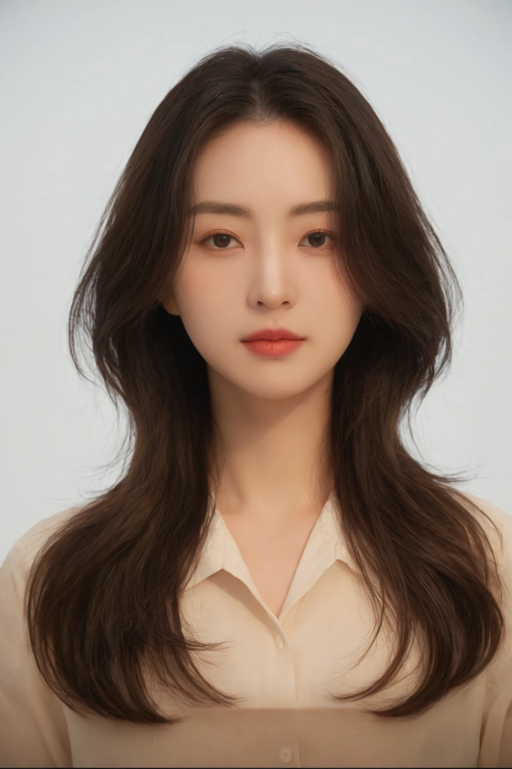 Best Quality, 8k, Masterpiece, (Portrait: 1.3), (photo realistic:1.4), (hyper realistic:1.4), Sharp Focus, looking at viewer, (smoother lighting:1.1), (increase cinematic lighting quality:0.9), realistic lighting, backlighting, light on face, ray trace, (brightening light:1.2), (Increase quality:1.4), sharp detail, (best quality real texture skin:1.4), finely detailed eyes, black_eyes, finely detailed face, 25 year old Korean woman, (white formal_shirt:1.4), (Create an image maintaining the original base model hairstyle:1.5)