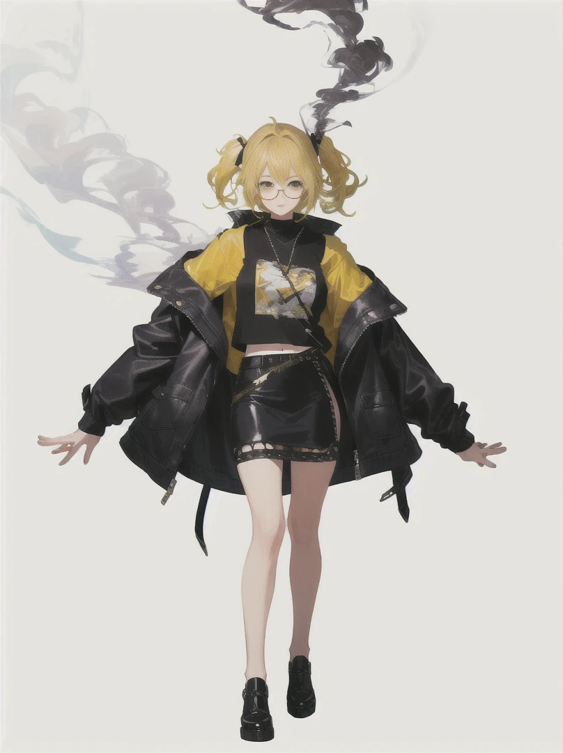 A cool girl with a confident and stylish appearance, showcasing a modern, urban look.

Glasses: Trendy glasses that complement her sharp features and expressive eyes.

Outfit:

Jacket: A fashionable leather jacket with intricate smoke patterns that blend seamlessly with yellow accents. The jacket has a sleek, tailored fit.
Top: A yellow top that contrasts with the smoky details of the jacket.
Accessories:

Cigarette: She holds a cigarette in a relaxed, nonchalant manner, with wisps of smoke curling around her.
Hairstyle: Her hair is styled in a contemporary fashion, enhancing her cool demeanor.