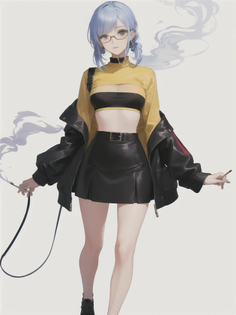 A cool girl with a confident and stylish appearance, showcasing a modern, urban look.
Glasses: Trendy glasses that complement her sharp features and expressive eyes.
Outfit:
Jacket: A fashionable leather jacket with intricate smoke patterns that blend seamlessly with yellow accents. The jacket has a sleek, tailored fit.
Top: A yellow top that contrasts with the smoky details of the jacket.
Accessories:
Cigarette: She holds a cigarette in a relaxed, nonchalant manner, with wisps of smoke curling around her.
Hairstyle: Her hair is styled in a contemporary fashion, enhancing her cool demeanor.