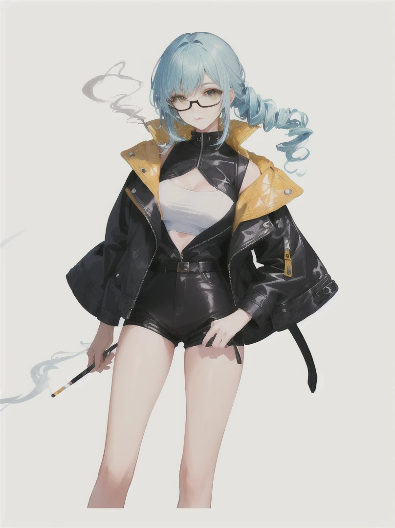 A cool girl with a confident and stylish appearance, showcasing a modern, urban look.

Glasses: Trendy glasses that complement her sharp features and expressive eyes.

Outfit:

Jacket: A fashionable leather jacket with intricate smoke patterns that blend seamlessly with yellow accents. The jacket has a sleek, tailored fit.
Top: A yellow top that contrasts with the smoky details of the jacket.
Accessories:

Cigarette: She holds a cigarette in a relaxed, nonchalant manner, with wisps of smoke curling around her.
Hairstyle: Her hair is styled in a contemporary fashion, enhancing her cool demeanor.