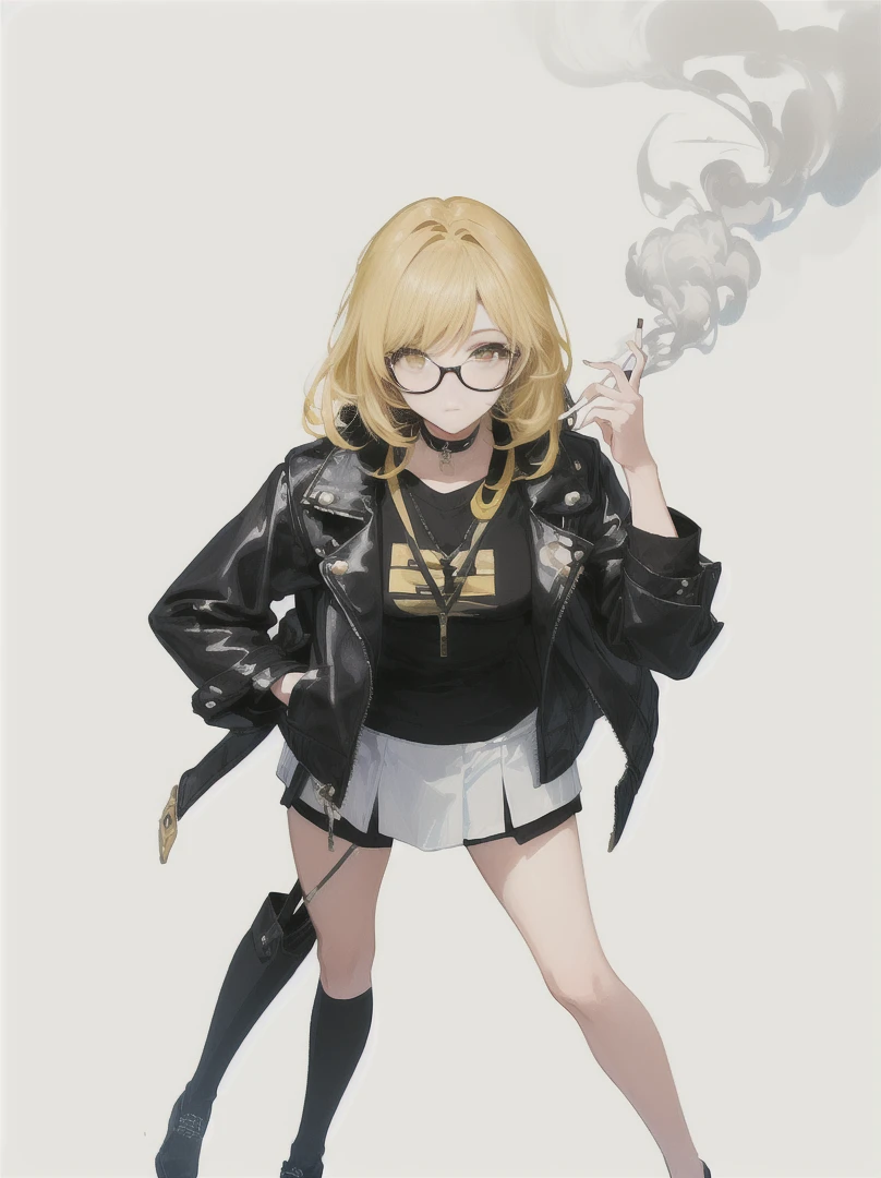 A cool girl with a confident and stylish appearance, showcasing a modern, urban look.

Glasses: Trendy glasses that complement her sharp features and expressive eyes.

Outfit:

Jacket: A fashionable leather jacket with intricate smoke patterns that blend seamlessly with yellow accents. The jacket has a sleek, tailored fit.
Top: A yellow top that contrasts with the smoky details of the jacket.
Accessories:

Cigarette: She holds a cigarette in a relaxed, nonchalant manner, with wisps of smoke curling around her.
Hairstyle: Her hair is styled in a contemporary fashion, enhancing her cool demeanor.