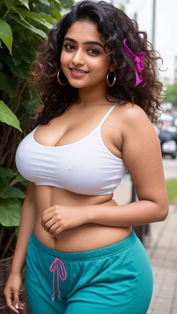 ((Best quality, 8k, Masterpiece :1.3)), 1girl, 23-year-old Indian woman with emphasis on her curvy physique and large breasts: 1.3, (long, lush curls: 1.2), vibrant cotton top with eye-catching patterns: 1.2, ultra-delicate face, detailed eyes with a hint of kohl, a radiant smile, urban setting （lifelike， high - resolution：1.3）， 1 girl of Indian descent with a voluptuous figure, Super fine face and eyes, long, curly hair: 1.2, cotton top and pants of vibrant colors: