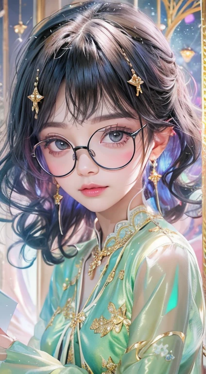 One girl,（Improvement of quality：1.4），（Highest quality real textured skin), Delicate face,Black Hair, Gradient Hair,  body,（Perfect body：1.1）, The forehead is decorated with jewels, Rimless glasses, Sparkling Eyes，Long eyelashes,Grin, Hyper Photorealism, Cinema Lighting, projected inset, Surrealism, Hyper HD, masterpiece, 16K，Lie，Keep dreaming，Wear sheer silk pajamas,Carmelite,Fantasy Space，Extravagant space