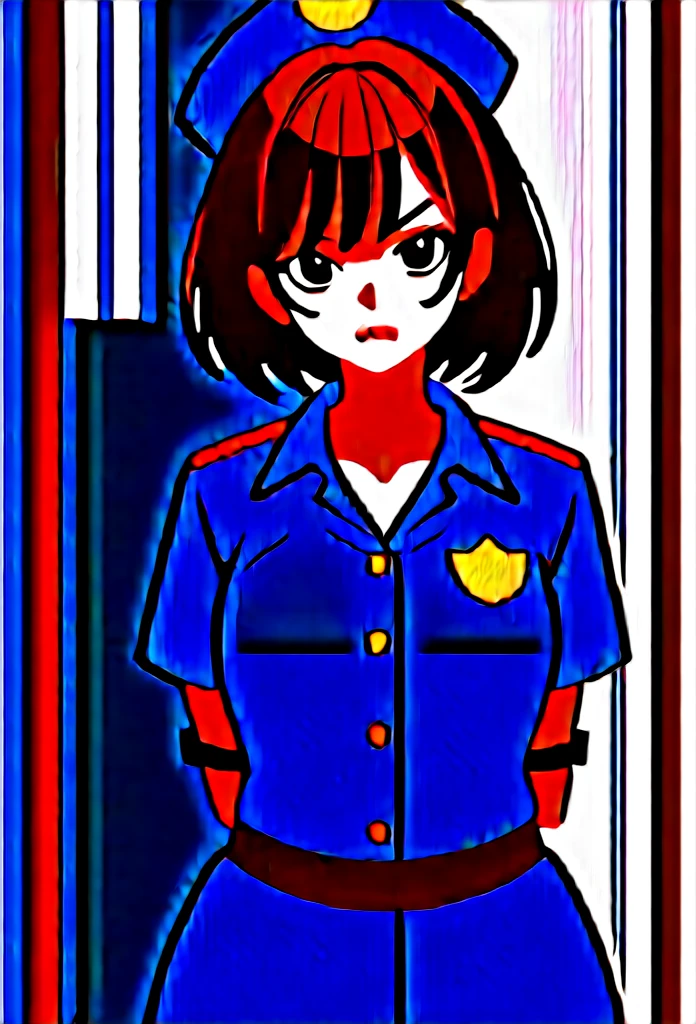 masterpiece, best quality, mature woman, mature face, bob hairstyle, brunette hair, mature face, hot face, sharp eyes, medium breasts, curvy body, hazel eyes, police outfit, looking at viewer, tough appearance, prison cell, jail cell, (looking serious), pissed off face, glaring eyes, angry expression, (chained up, restrained) 