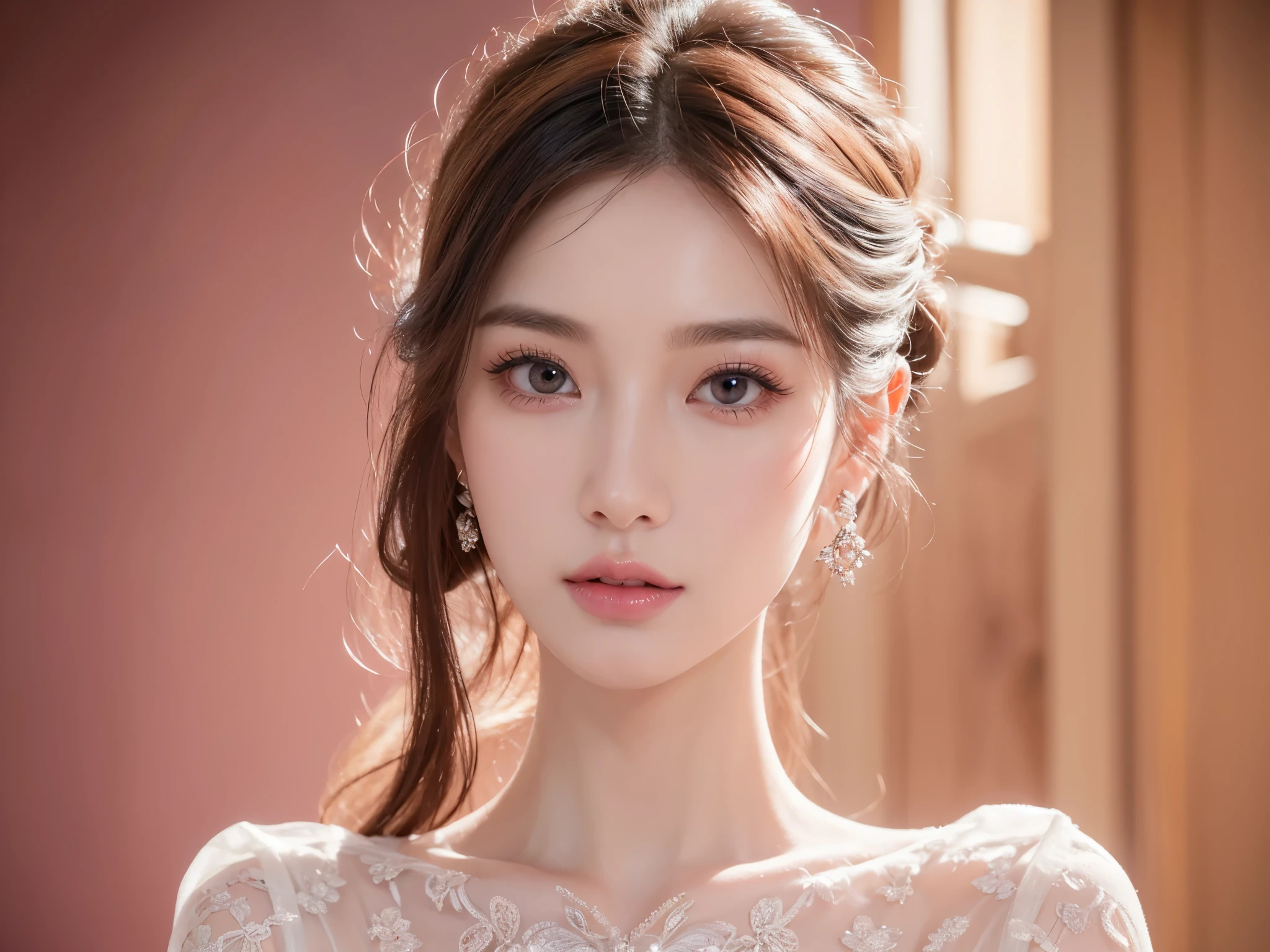 beautiful woman portrait, detailed realistic face, intricate details, porcelain skin, flawless complexion, high cheekbones, long eyelashes, piercing eyes, full pink lips, elegant hairstyle, detailed clothing, flowing dress, romantic background, warm lighting, cinematic composition, masterpiece, photorealistic, 8k