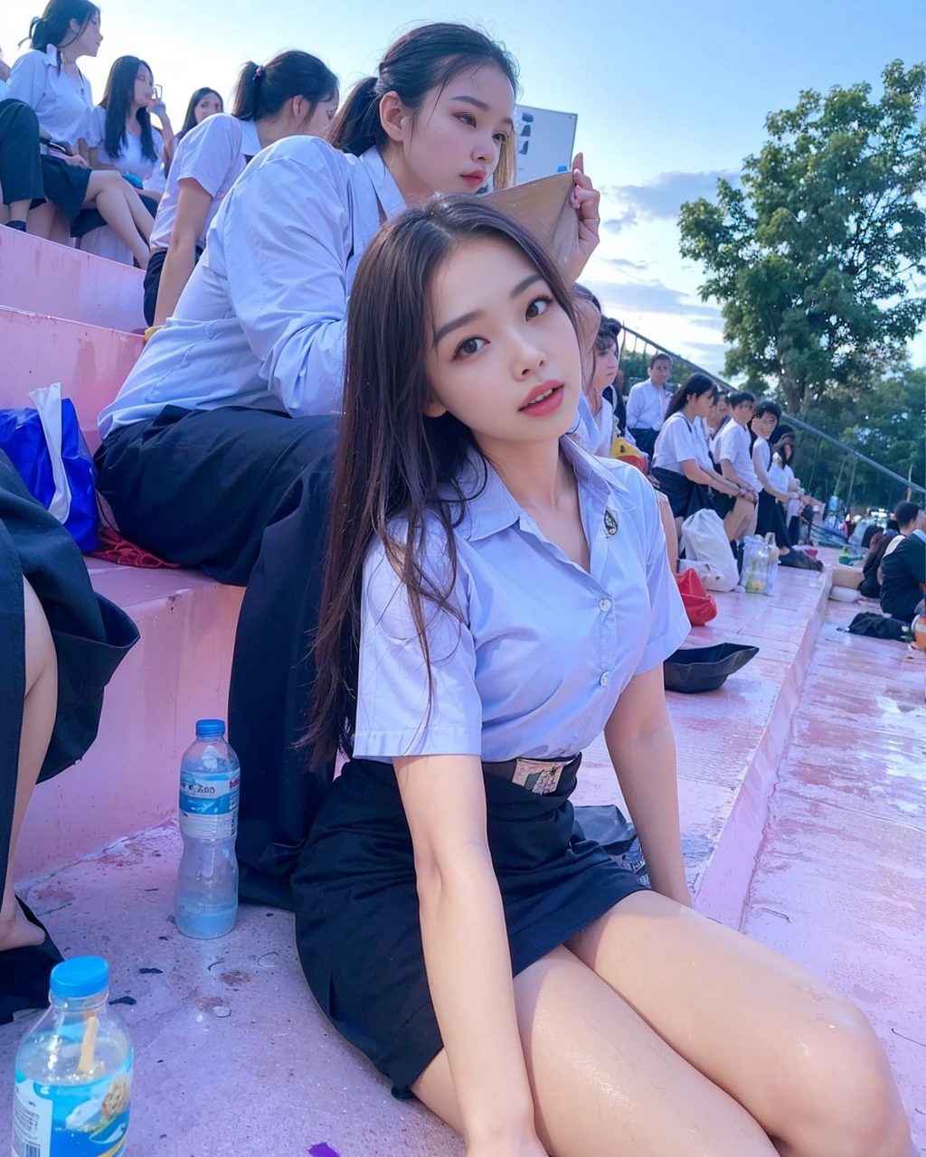 beautiful girl, Korea, 1 person, full body picture, 18-20 years old, (gorgeous face, Beautiful face shape, beautiful eyes, Beautiful nose, red lips), (long hair), ((Thai sarong, Random Colors, thin)), ((shower)), ((Huge breasts, breast augmentation, big breast)), (((ผอมthin, ผอมthin, Flat stomach, Beautiful legs, Slender legs), (body drenched), (((no underwear.))), Thai rice field, people, natural, field edge, transplanting rice seedlings, beautiful girl, long hair, Put in a cloth bag, Random color sarong, stand, Huge breasts, Beautiful breasts, thin, thin, stream,natural, Women's bodies make their breasts bigger., Wear a spinning outfit ,gigantic breast, Behind the scenes, rice fields