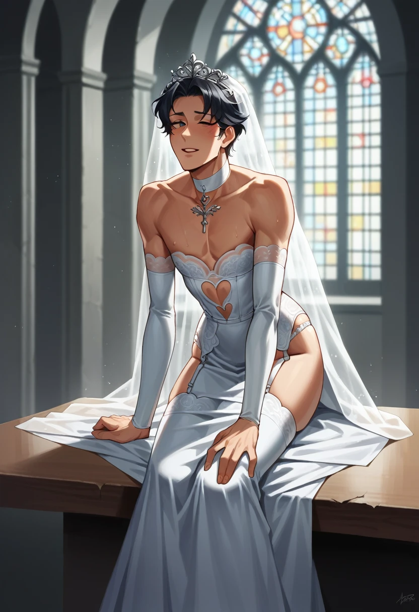 a father （he had been brainwashing by his second son,crossdressing,Sex with his second son every day, wear  Wedding lingerie,bride of his second son,have one's first night,,swear live as the wife of his second son for life) ,an empty abandoned church,in front of the confessional table