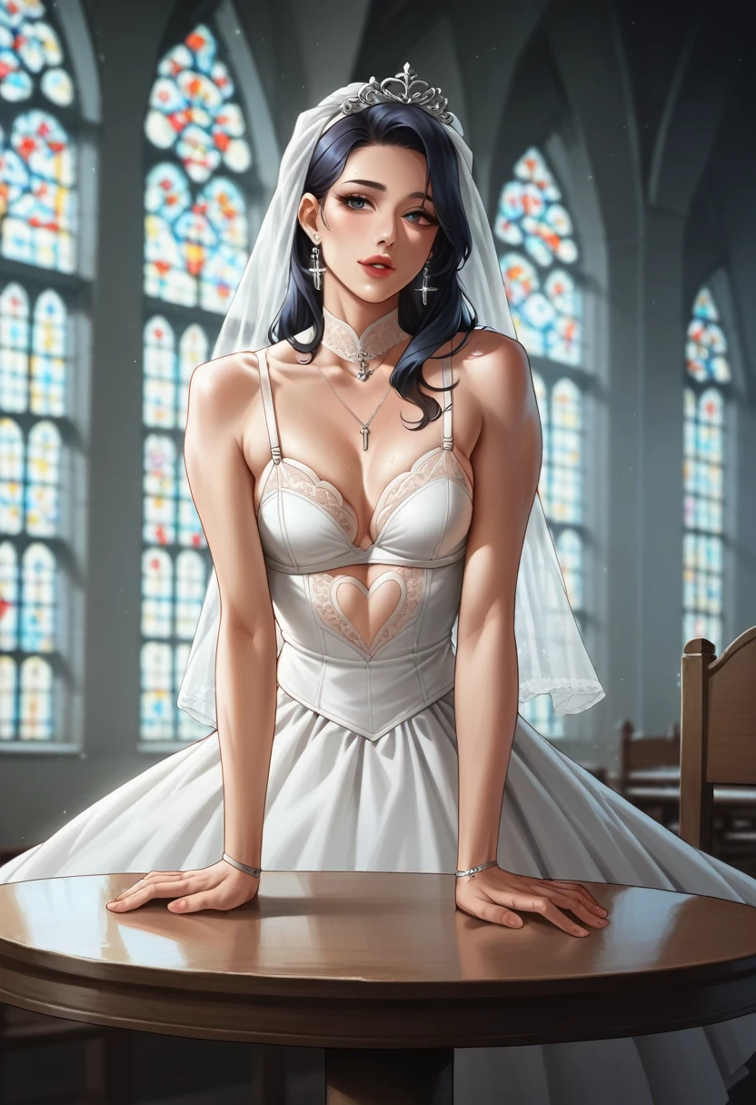 a father （he had been brainwashing by his second son,crossdressing,Sex with his second son every day, wear sexy Wedding lingerie,bride of his second son,have one's first night,,swear live as the wife of his second son for life) ,an empty abandoned church,in front of the confessional table