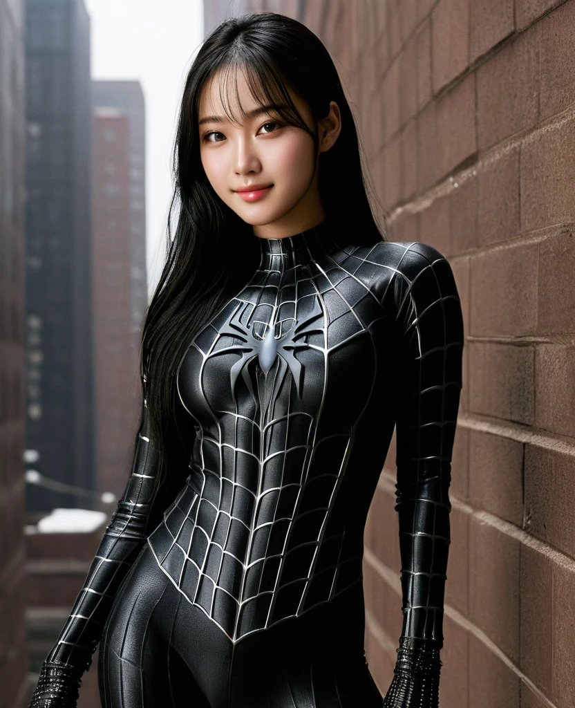 score_9, score_8_superior, score_7_superior, Highest quality, Realistic, masterpiece, Beautiful details, hyperRealistic, (One girl, Female body, smile), Big Breasts, amazing detailed whole body portrait of a beautiful ulzzang girl, wearing a Realistic and Very detailed black raimi spider-man suit, ((Huge muscular girl)), Professional model wears super-detailed black Raimi Spider-Man suit, Highly detailed and grainy black Raimi Spider-Man suit, whole bodyと手を覆うスーツ, black spiderman gloves, Wet, (Spider-Man pose), (whole body), (Dirty Skin), close superior, Octane Rendering, Very detailed, Volumetric, Dramatic lighting, (Highest quality:1.1), (High resolution:1.3), (Highest quality, Highest quality), Realistic, High resolution,
