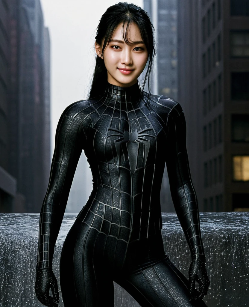 score_9, score_8_superior, score_7_superior, Highest quality, Realistic, masterpiece, Beautiful details, hyperRealistic, (One girl, Female body, smile), Big Breasts, amazing detailed whole body portrait of a beautiful ulzzang girl, wearing a Realistic and Very detailed black raimi spider-man suit, ((Huge muscular girl)), Professional model wears super-detailed black Raimi Spider-Man suit, Highly detailed and grainy black Raimi Spider-Man suit, whole bodyと手を覆うスーツ, black spiderman gloves, Wet, (Spider-Man pose), (whole body), (Dirty Skin), close superior, Octane Rendering, Very detailed, Volumetric, Dramatic lighting, (Highest quality:1.1), (High resolution:1.3), (Highest quality, Highest quality), Realistic, High resolution,