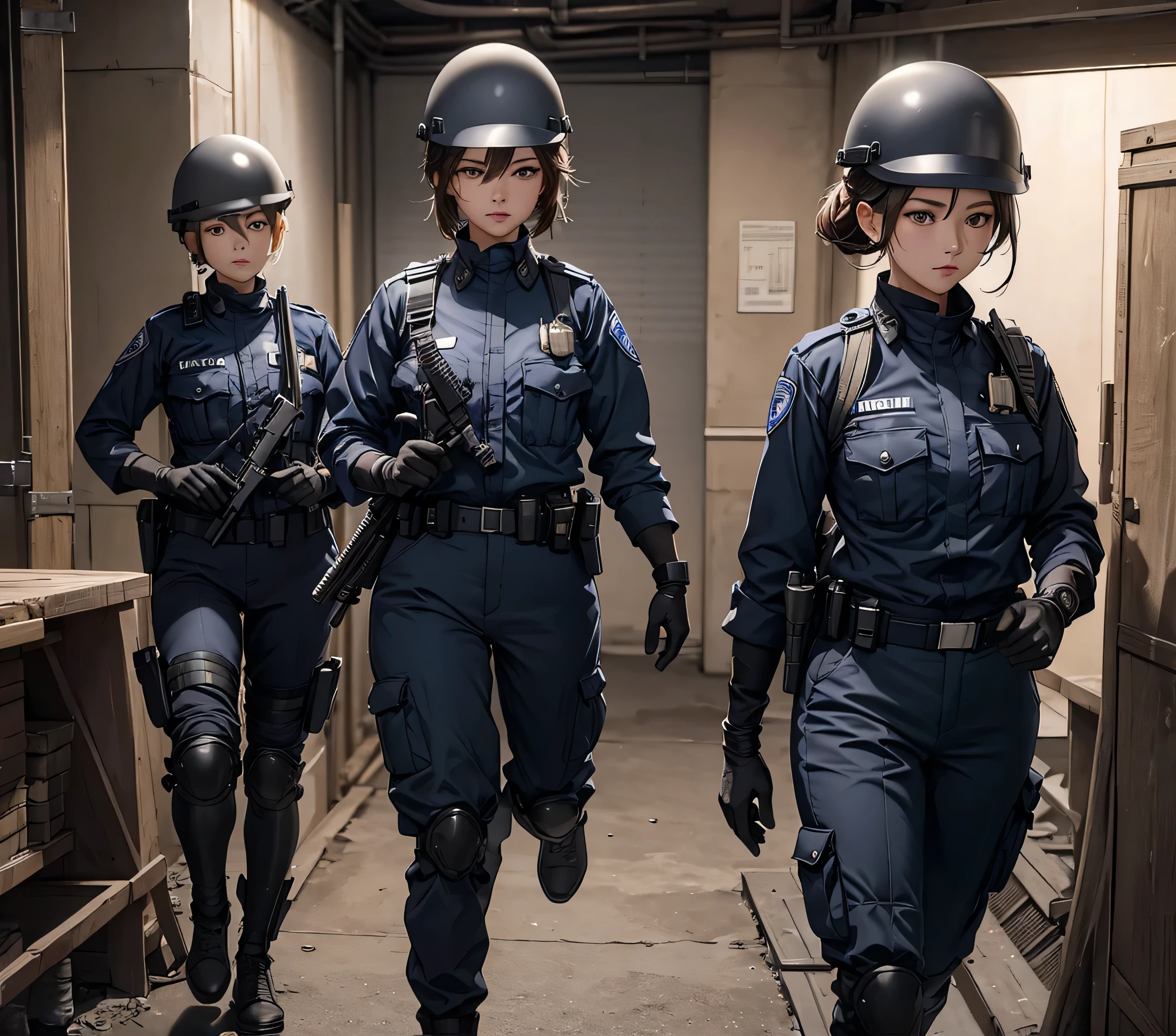 A group of female police officers wearing helmets、Guard in the basement、grey、trousers、Gloves、Write details、masterpiece、best quality、Highly detailed CG、8K picture quality