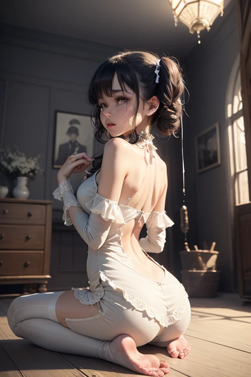The whole body is wet、An excited look、Dark Gothic Makeup、Dark Metal、Large margins、Patchy duplex、Eyes prone to black eyes、Long eyelashes、cute、
room made of stone girl、Gothic dress with collar、Knee-high socks、Twin tail hair、Beautiful and detailed eyes、Beautiful and detailed lips、High resolutionの顔、Long eyelashes、Cinematic composition、（Highest quality）、4K、8K、High resolution、masterpiece：1.2）、Super fine、Lace pants、sitting、Bold Pose、Moisturized skin、Sweaty、barefoot、Trance、Embarrassing、Masochistic、Blushing、Embarrassed、Tranceとした表情、look back、Protruding buttocks、Distorted facial expressions、Flowing Tears、Soaking wet。