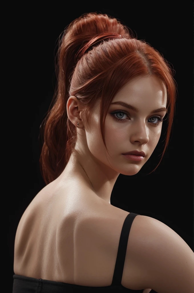 woman with medium-ponytail ,Auburn-red-hair,ponytail, pale,soft body, eyeliner,portrait, beautiful woman, beautiful female ,beautiful ,eyeliner , elegant, digital painting, smooth, dramatic lighting, ultra realistic, 8k, art , blur backgrond, black background ,black background,black wallpaper,hot, nsfw, nude, appeared body , hot , sexy, nude