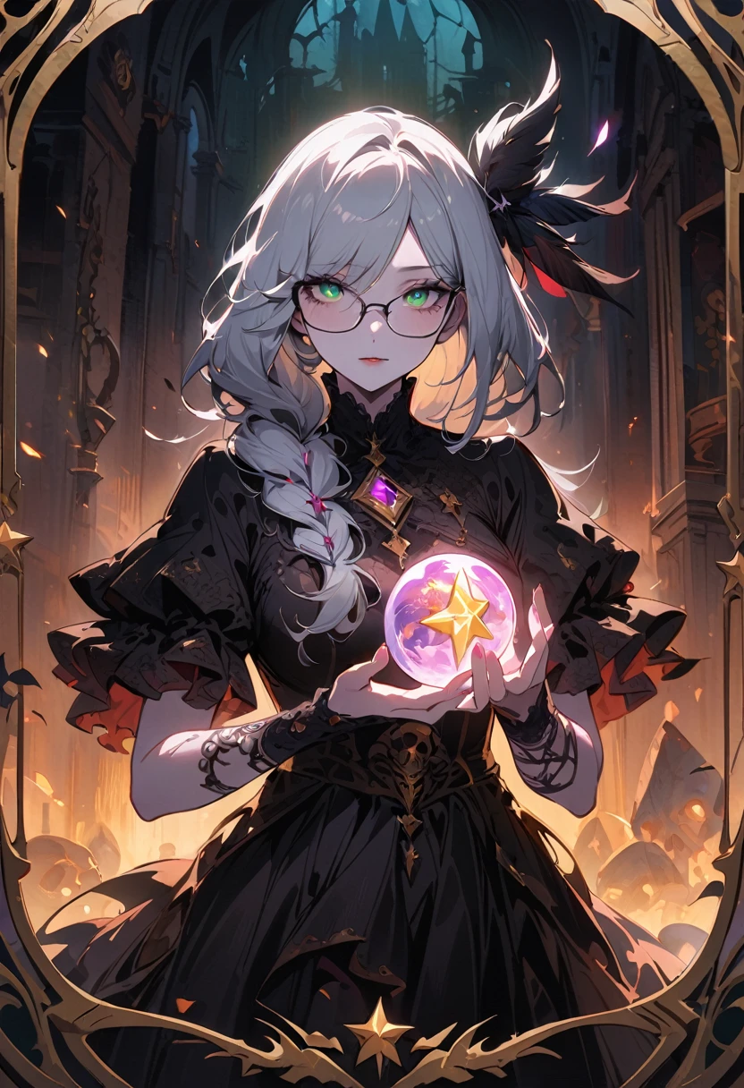 (best quality,4K,Very detailed,Practical:1.2),Mysterious astrologer girl,Pale skin,Long white hair fluttering in the wind,Shiny glasses lenses, She held a glowing sphere in her hand,Emerald eyes,Sharp eyes,The strange tattoo on her arm,Crystal Ball,Skull and five-pointed star decoration,Tarot,Mysterious symbols,Dramatic Lighting,Gothic,Black lace dress,Gorgeous jewelry,Feather hair accessories, Dark and scary atmosphere,