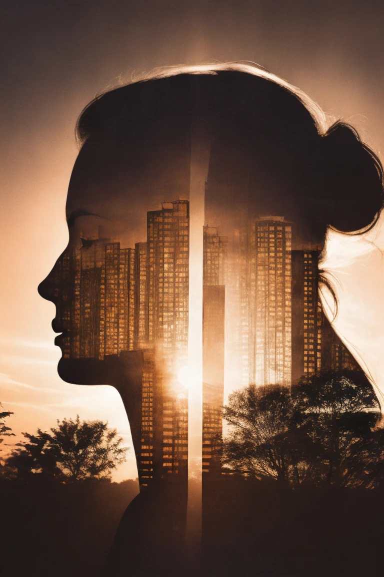 Fill the silhouette of a person with the warm hues of the setting sun, The contrast between the dark outline and the bright sky creates a striking double exposure.。.