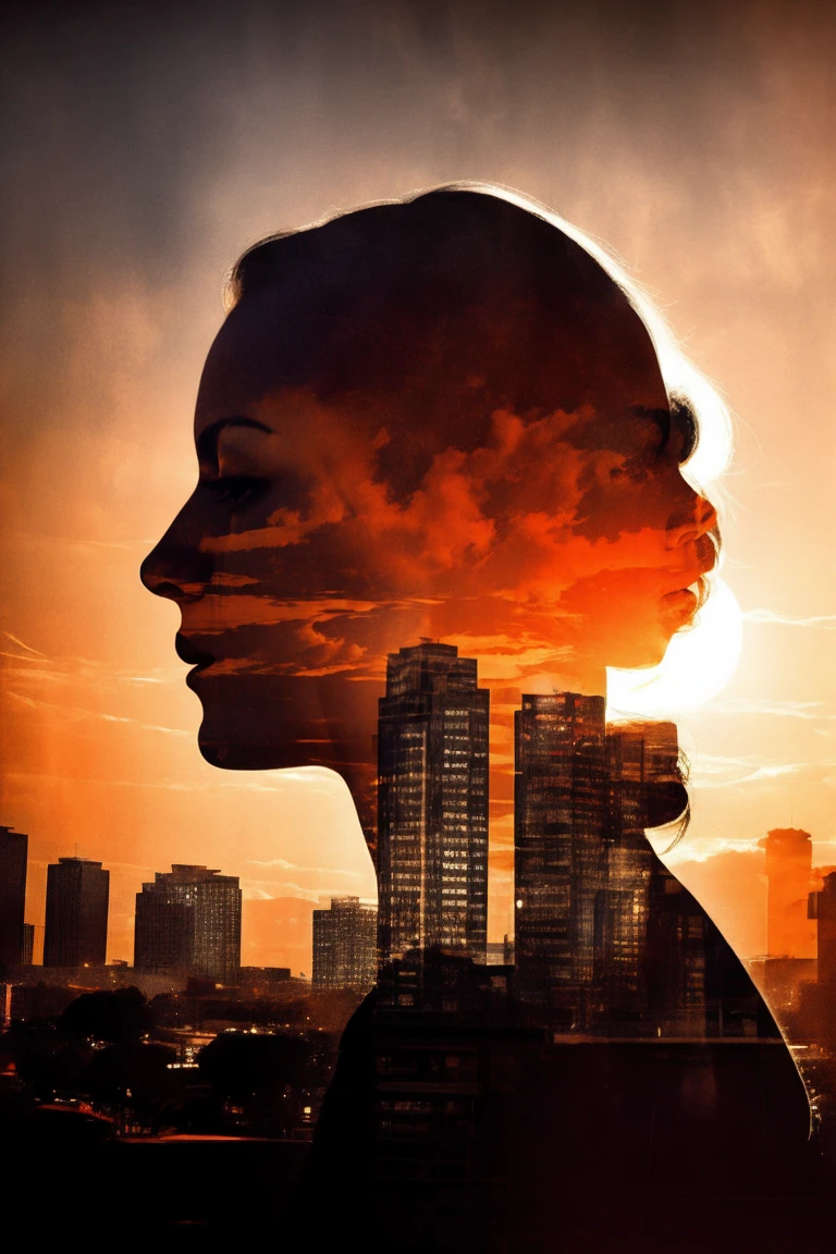 Fill the silhouette of a person with the warm hues of the setting sun, The contrast between the dark outline and the bright sky creates a striking double exposure.。.