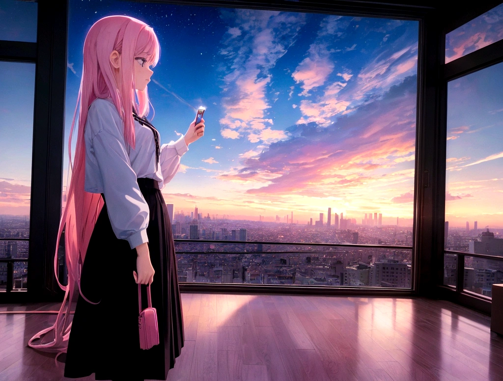 Absurd, High resolution, (Official Art, beautifully、aesthetic:1.2), Bright Sky, A vast world, girl, stare, Awe-inspiring expressions, light pink long hair, Lo-fi Girl, Kaisei and Artgelm, Anime atmosphere, Lofi Artstyle, Anime Style 4k, Anime Aesthetics, Lo-fi feeling, Lofi Art, anime art wallpaper 4k, An atmosphere of praise, Rooms with large windows, Emotional cityscape
