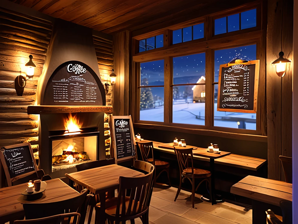 Create an image of a cozy coffee shoop with rustic interior with a roaring fireplace,plus chalk board coffee menu,with and large windows offering a stunning view of a village at night. and be filled with warm lighting to contrast the cold, twinkling lights outside.