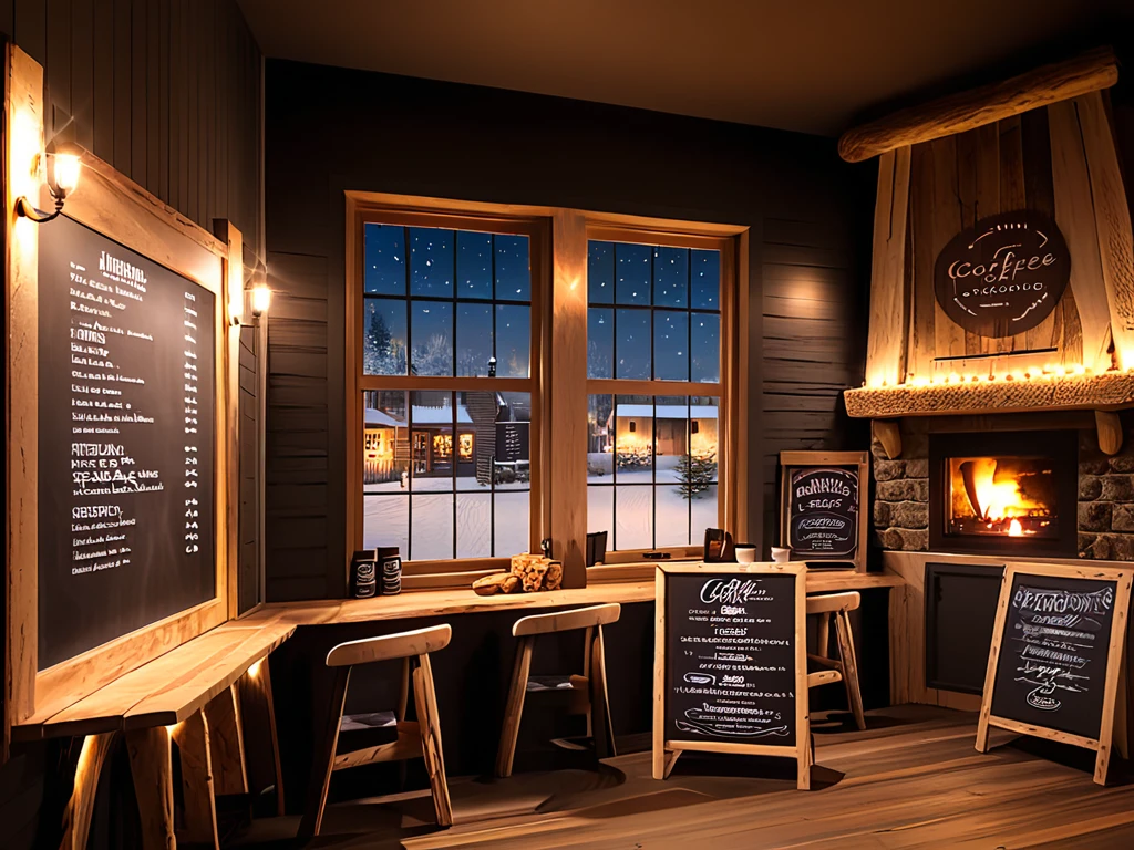 Create an image of a cozy coffee shoop with rustic interior with a roaring fireplace,plus chalk board coffee menu,with and large windows offering a stunning view of a village at night. and be filled with warm lighting to contrast the cold, twinkling lights outside.