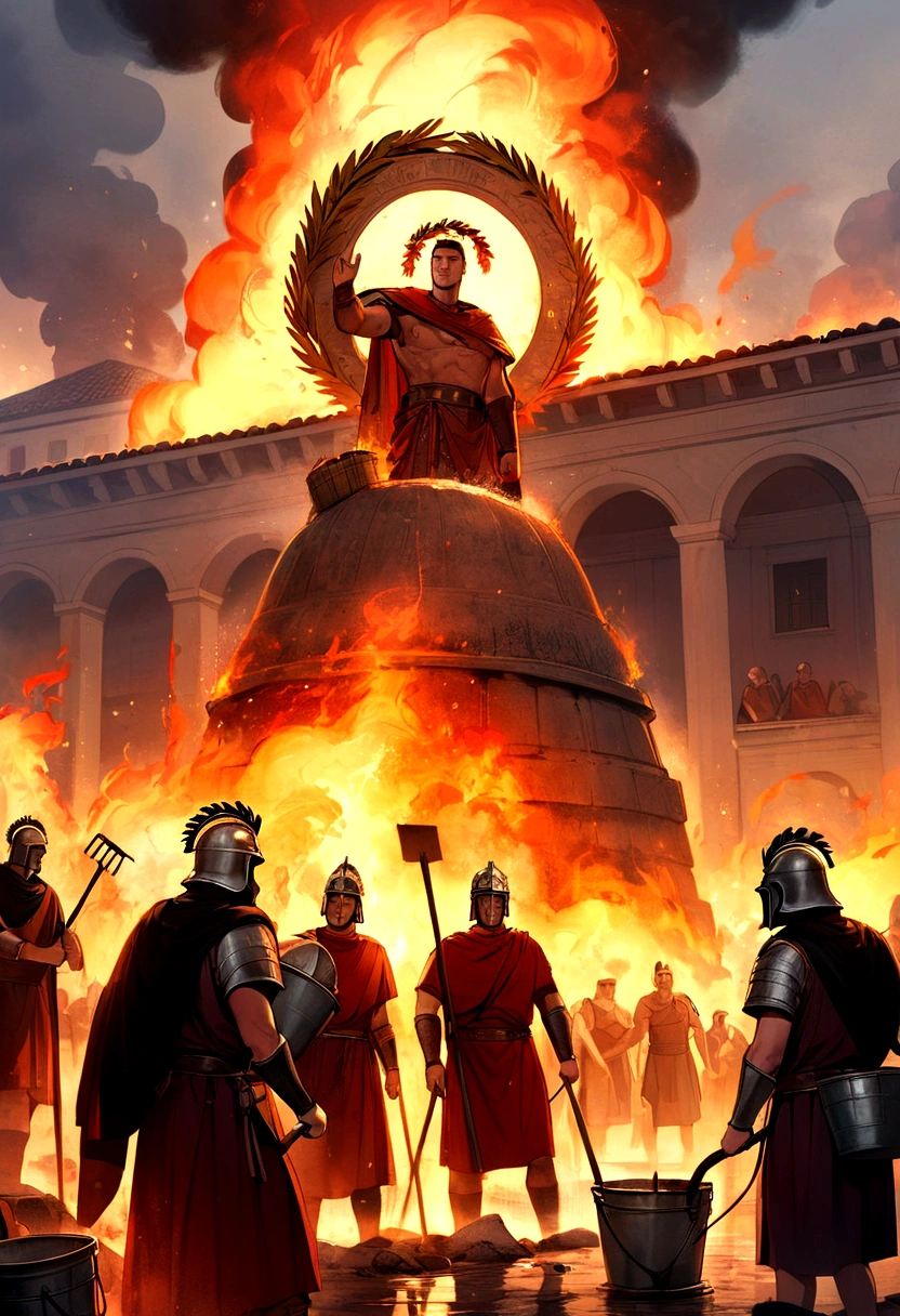 "A detailed image of Marcus Crassus's personal brigade of 500 firefighters, dressed in ancient Roman attire, using buckets of water and primitive tools to extinguish a fire in a burning building. Crassus, wearing a laurel wreath, stands in the background overseeing their efforts. The scene includes Roman-style architecture, with the firefighters forming a bucket brigade to combat the blaze."
Size: "1024x1024"